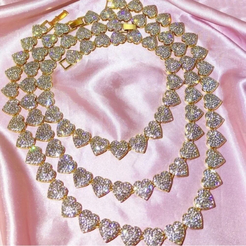Gold Plated Heart Crystal Necklace Paved, Ice Out, Bling, Choker - Picture 8 of 14